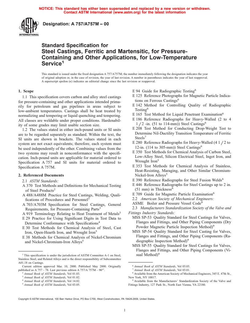 ASTM A757/A757M-00 - Standard Specification for Steel Castings, Ferritic and Martensitic, for Pressure-Containing and Other Applications, for Low-Temperature Service