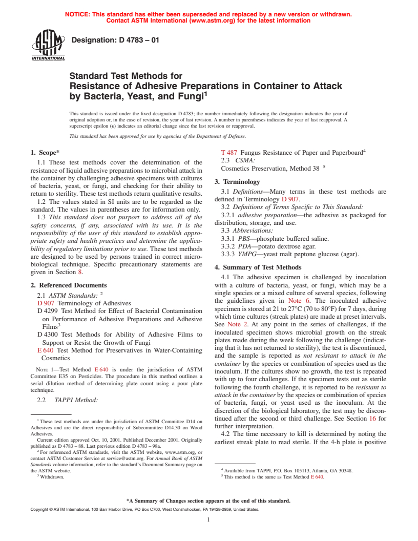 ASTM D4783-01 - Standard Test Methods for Resistance of Adhesive Preparations in Container to Attack by Bacteria, Yeast, and Fungi