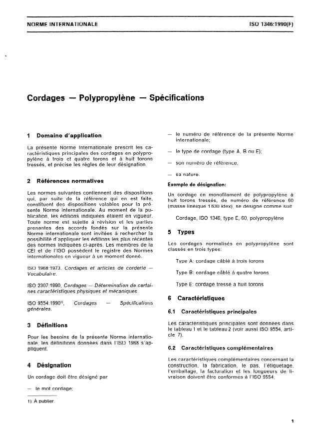 ISO 1346:1990 - Cordages -- Polypropylene -- Spécifications