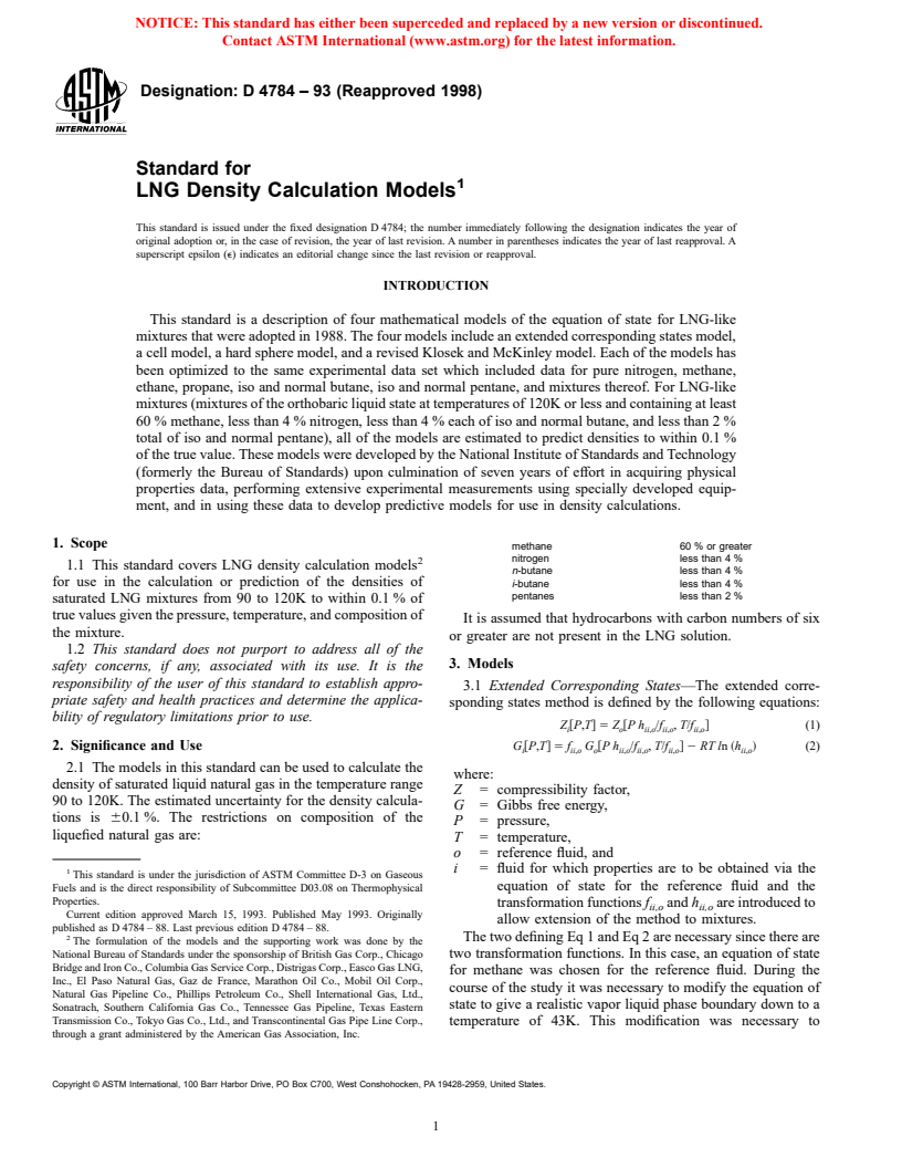 ASTM D4784-93(1998) - Standard for LNG Density Calculation Models