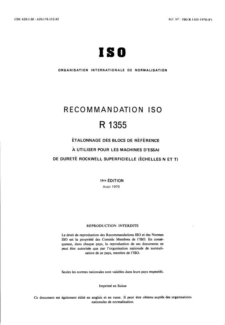 ISO/R 1355:1970 - Calibration of standardized blocks to be used for ...