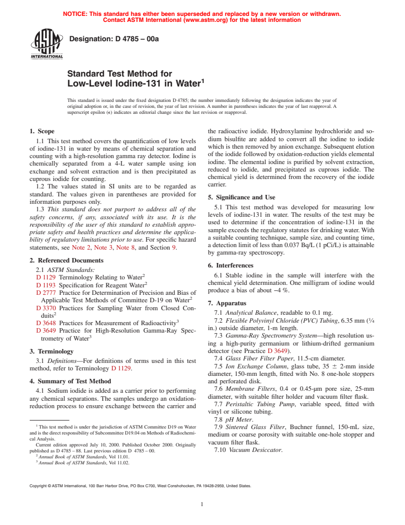 ASTM D4785-00a - Standard Test Method for Low-Level Iodine-131 in Water