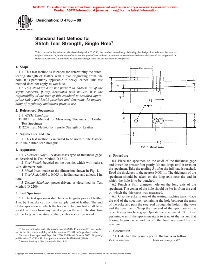 ASTM D4786-00 - Standard Test Method for Stitch Tear Strength, Single Hole