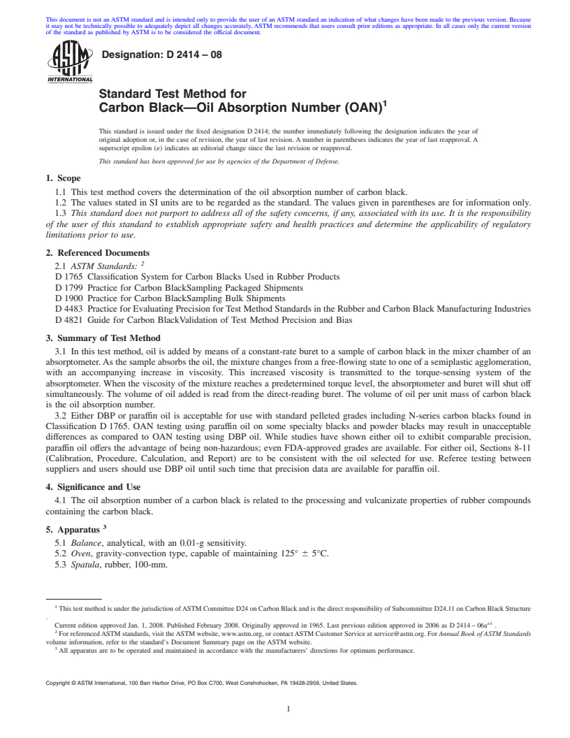 REDLINE ASTM D2414-08 - Standard Test Method for  Carbon Black<span class='unicode'>&#x2014;</span>Oil Absorption Number (OAN)