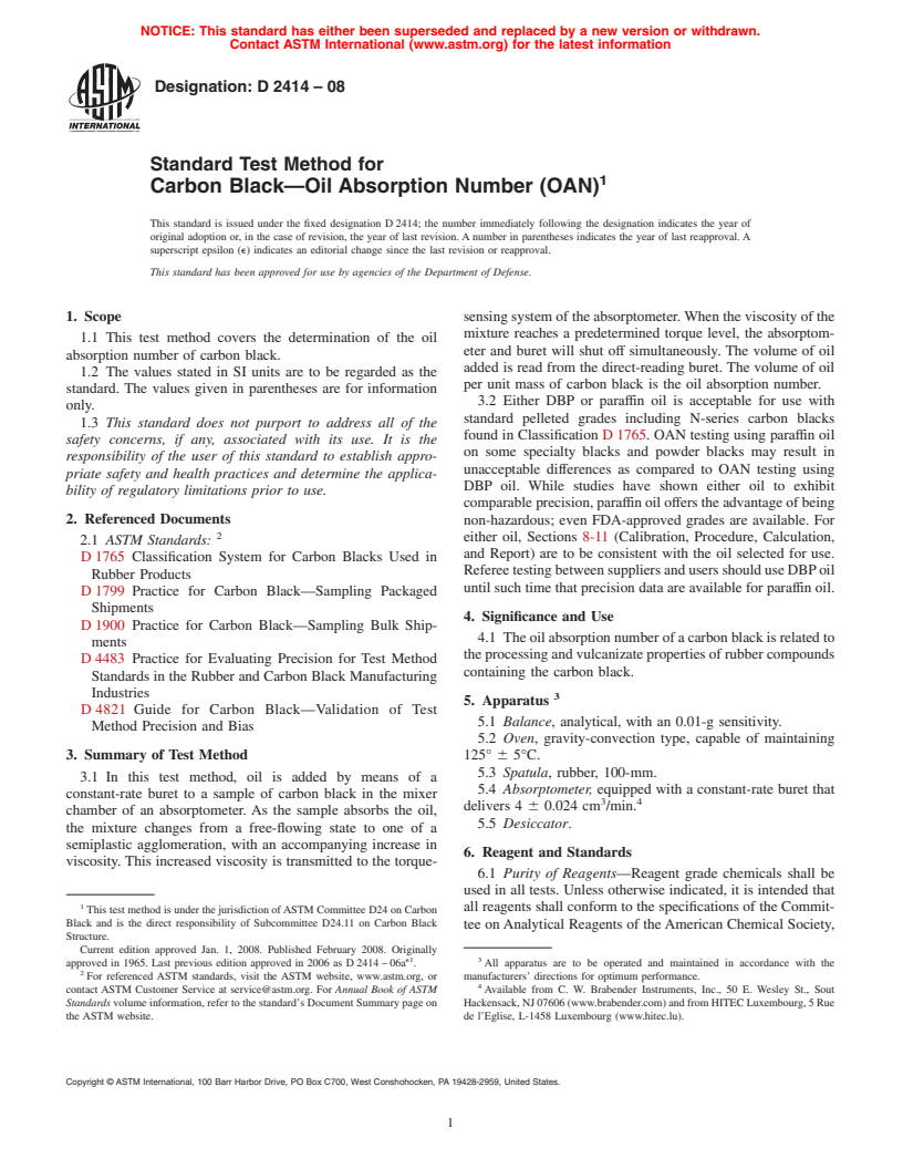 ASTM D2414-08 - Standard Test Method for  Carbon Black<span class='unicode'>&#x2014;</span>Oil Absorption Number (OAN)