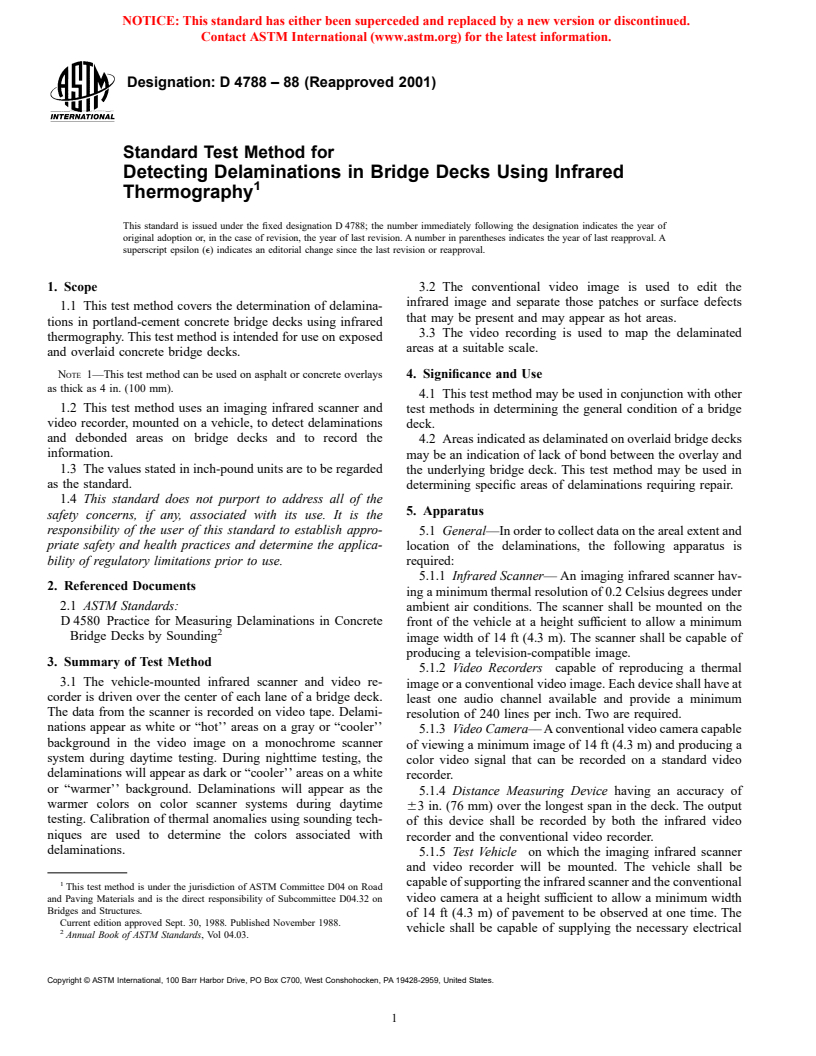 ASTM D4788-88(2001) - Standard Test Method for Detecting Delaminations in Bridge Decks Using Infrared Thermography