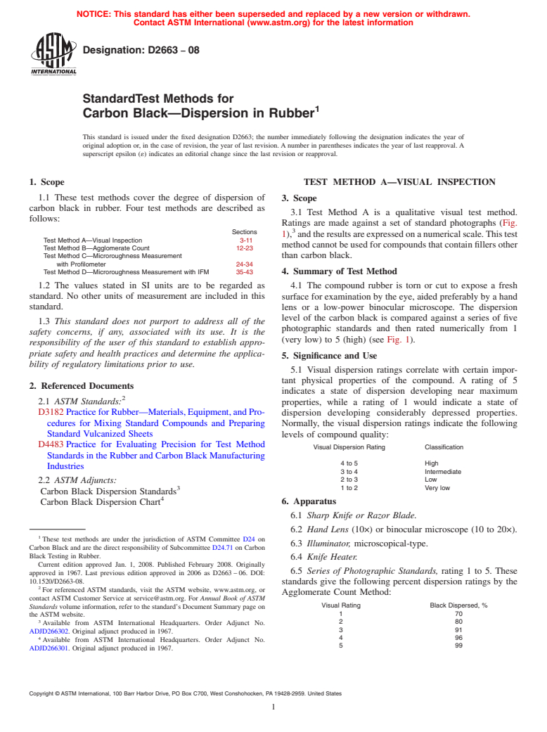 ASTM D2663-08 - Standard Test Methods for Carbon Black<span class='unicode'>&#x2014;</span>Dispersion in Rubber