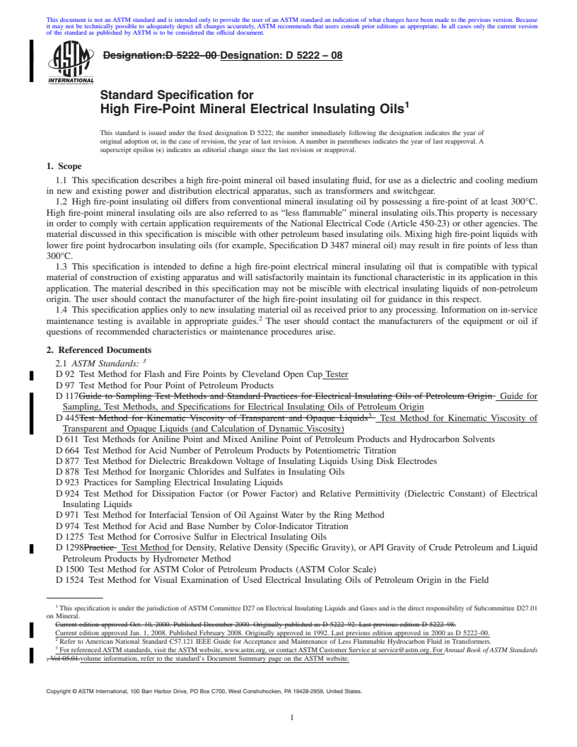 REDLINE ASTM D5222-08 - Standard Specification for High Fire-Point Mineral Electrical Insulating Oils