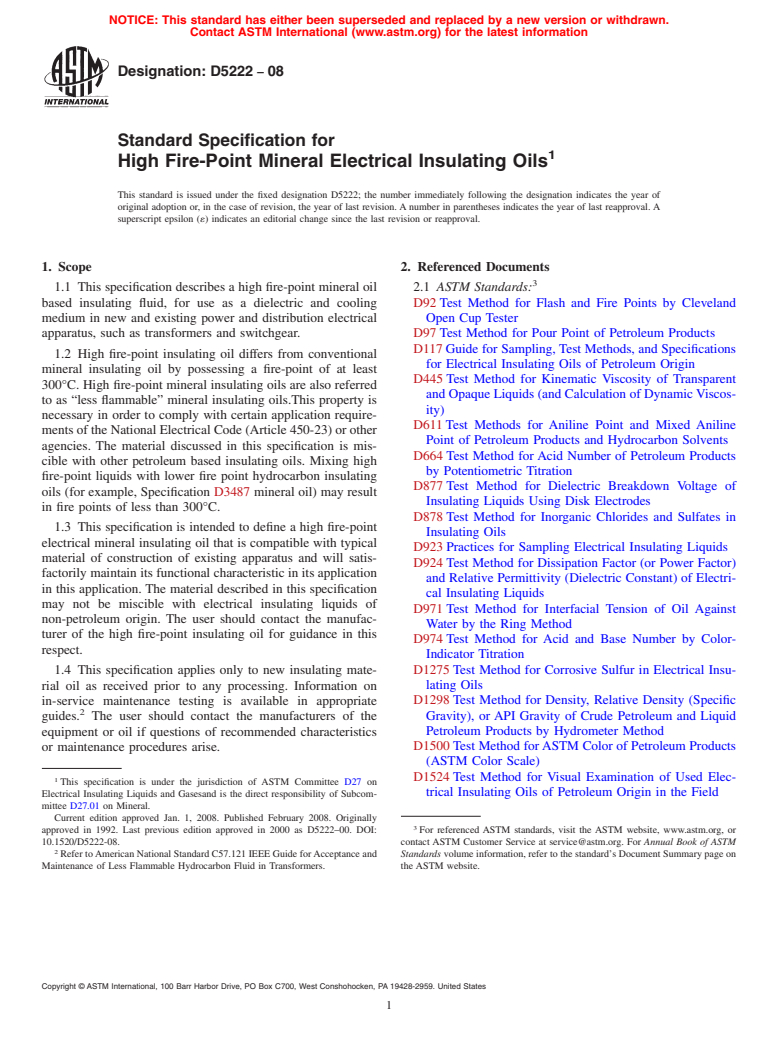 ASTM D5222-08 - Standard Specification for High Fire-Point Mineral Electrical Insulating Oils