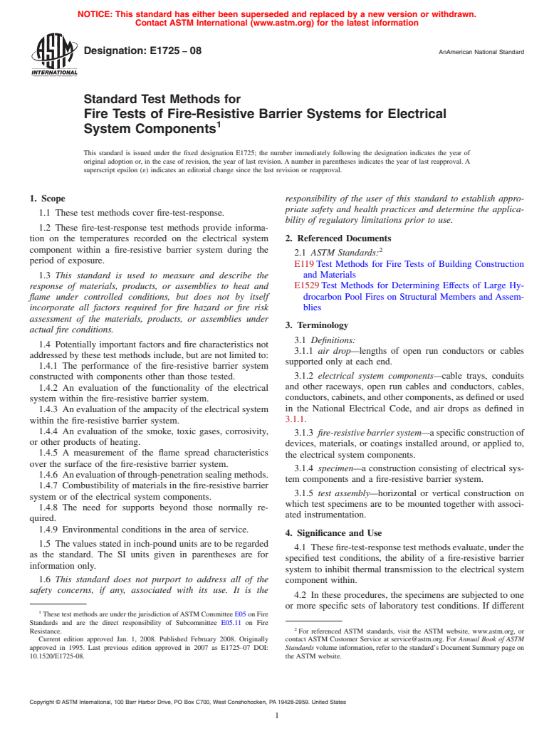 ASTM E1725-08 - Standard Test Methods for  Fire Tests of Fire-Resistive Barrier Systems for Electrical System Components