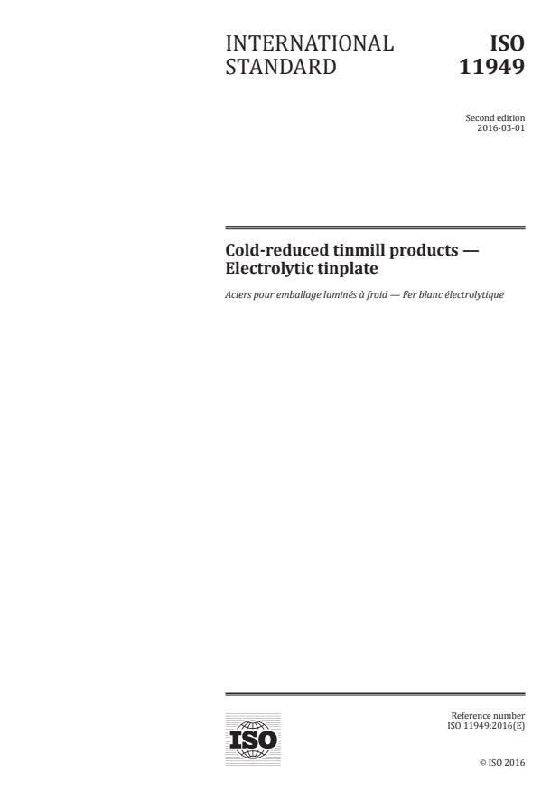 ISO 11949:2016 - Cold-reduced tinmill products -- Electrolytic tinplate