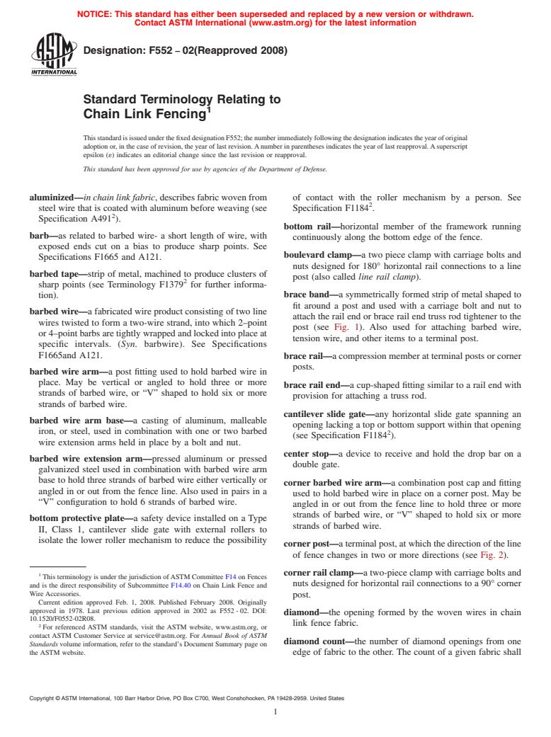 ASTM F552-02(2008) - Standard Terminology Relating to  Chain Link Fencing