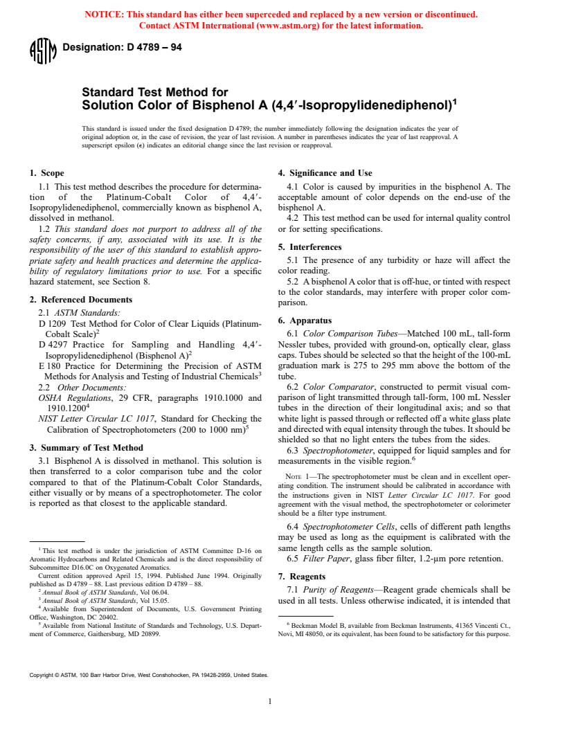 ASTM D4789-94 - Standard Test Method for Solution Color of Bisphenol A (4,4&#180-Isopropylidenediphenol)