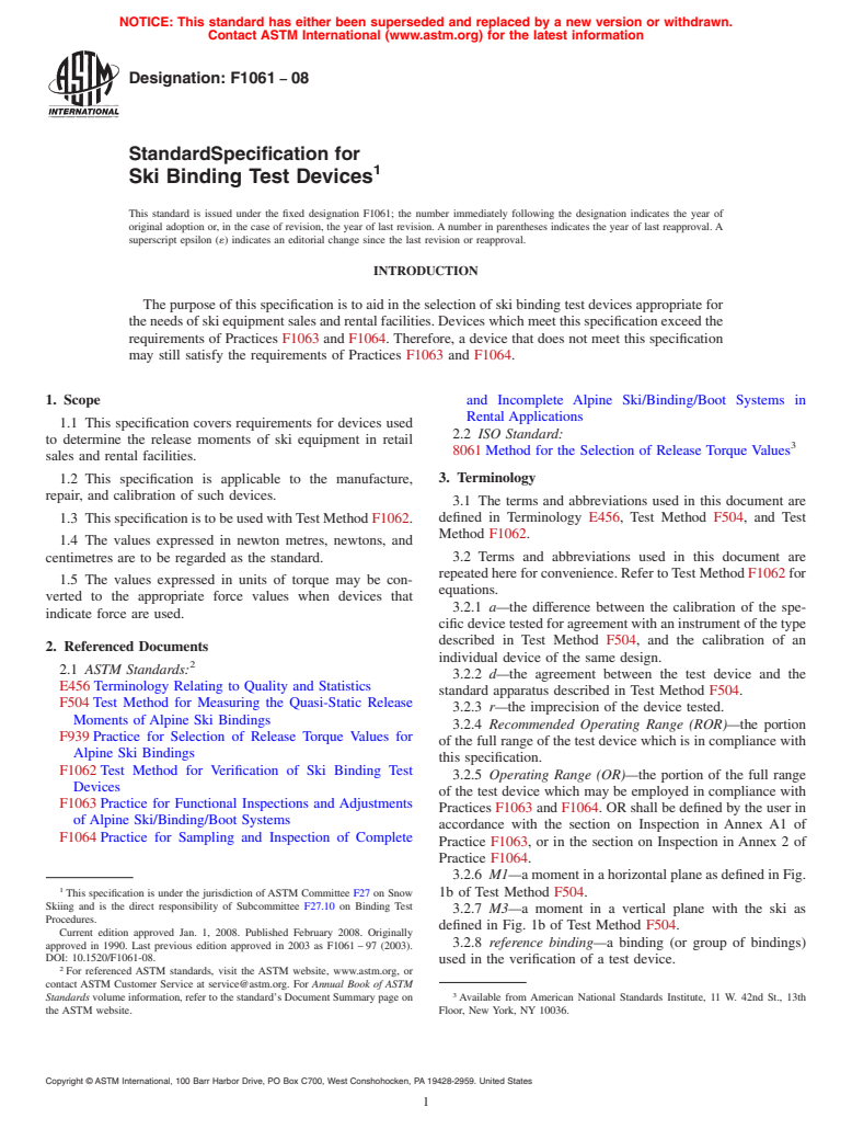 ASTM F1061-08 - Standard Specification for Ski Binding Test Devices