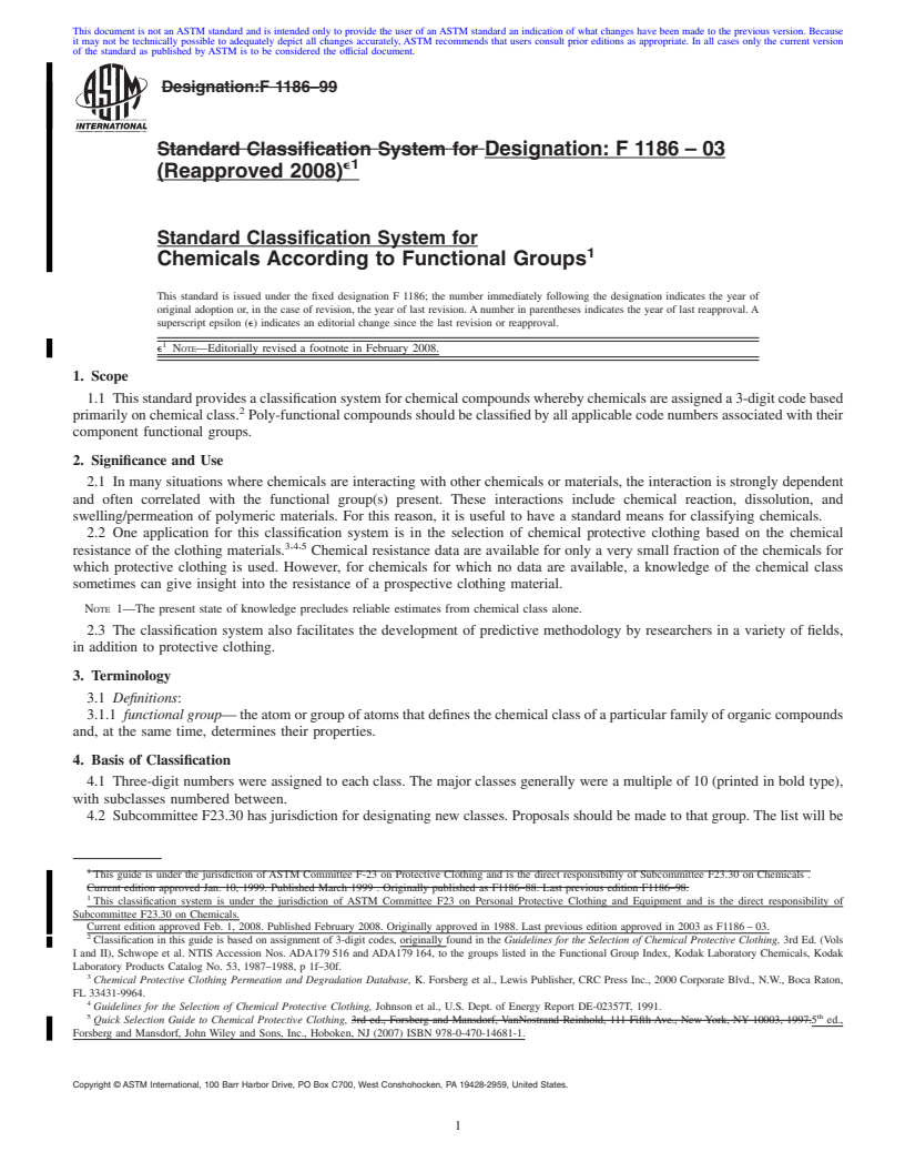 REDLINE ASTM F1186-03(2008)e1 - Standard Classification System for Chemicals According to Functional Groups