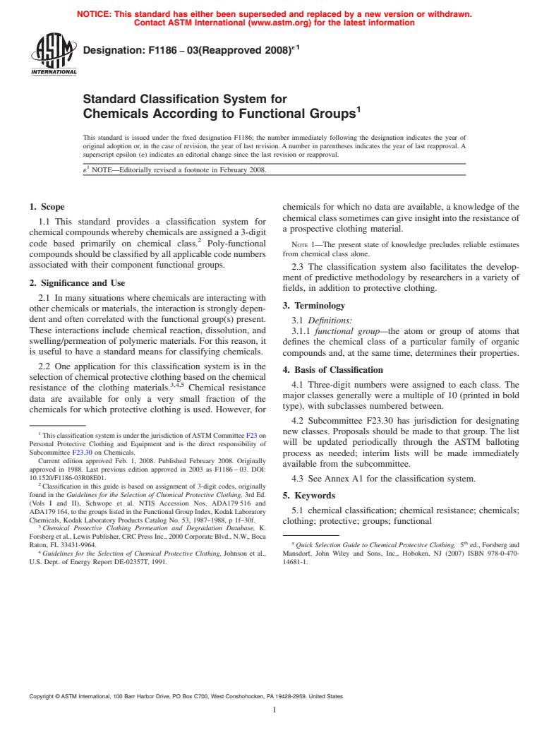 ASTM F1186-03(2008)e1 - Standard Classification System for Chemicals According to Functional Groups