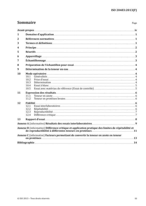 ISO 20483:2013 - Céréales et légumineuses -- Détermination de la teneur en azote et calcul de la teneur en protéines brutes -- Méthode de Kjeldahl