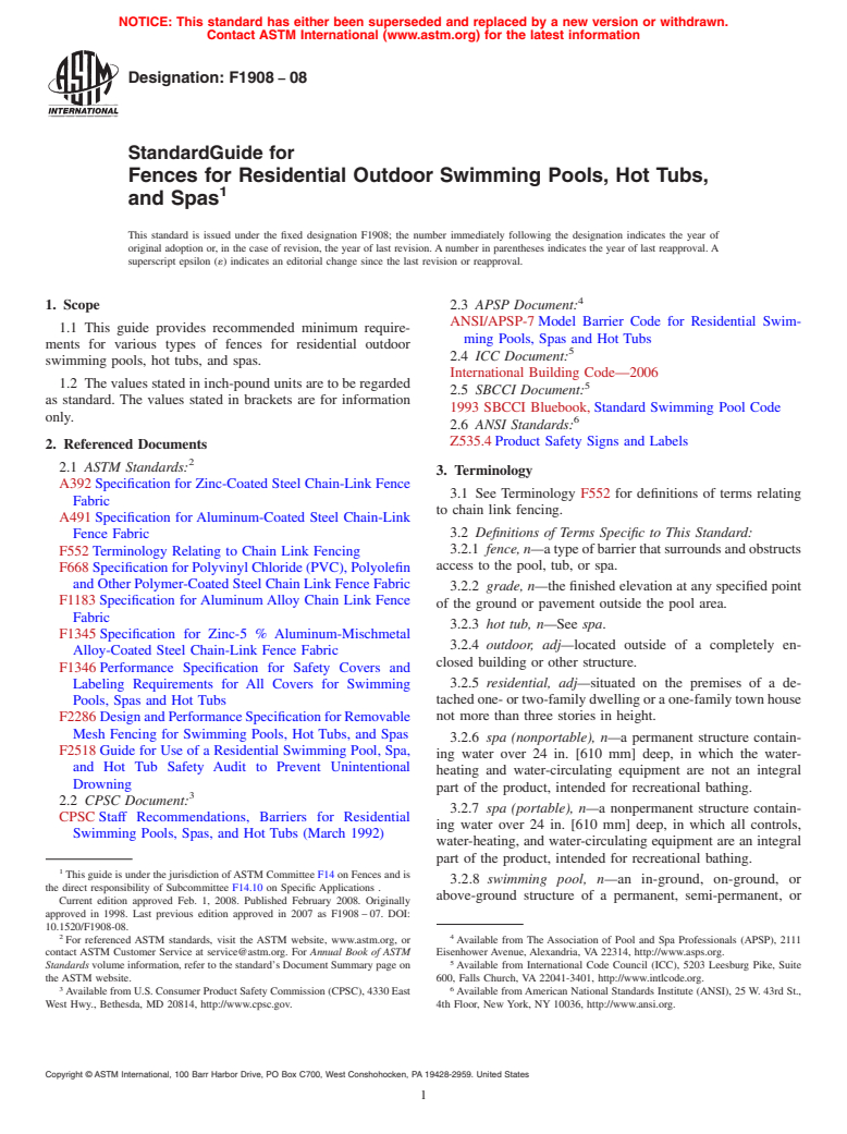 ASTM F1908-08 - Standard Guide for Fences for Residential Outdoor Swimming Pools, Hot Tubs, and Spas