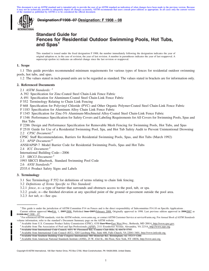 REDLINE ASTM F1908-08 - Standard Guide for Fences for Residential Outdoor Swimming Pools, Hot Tubs, and Spas