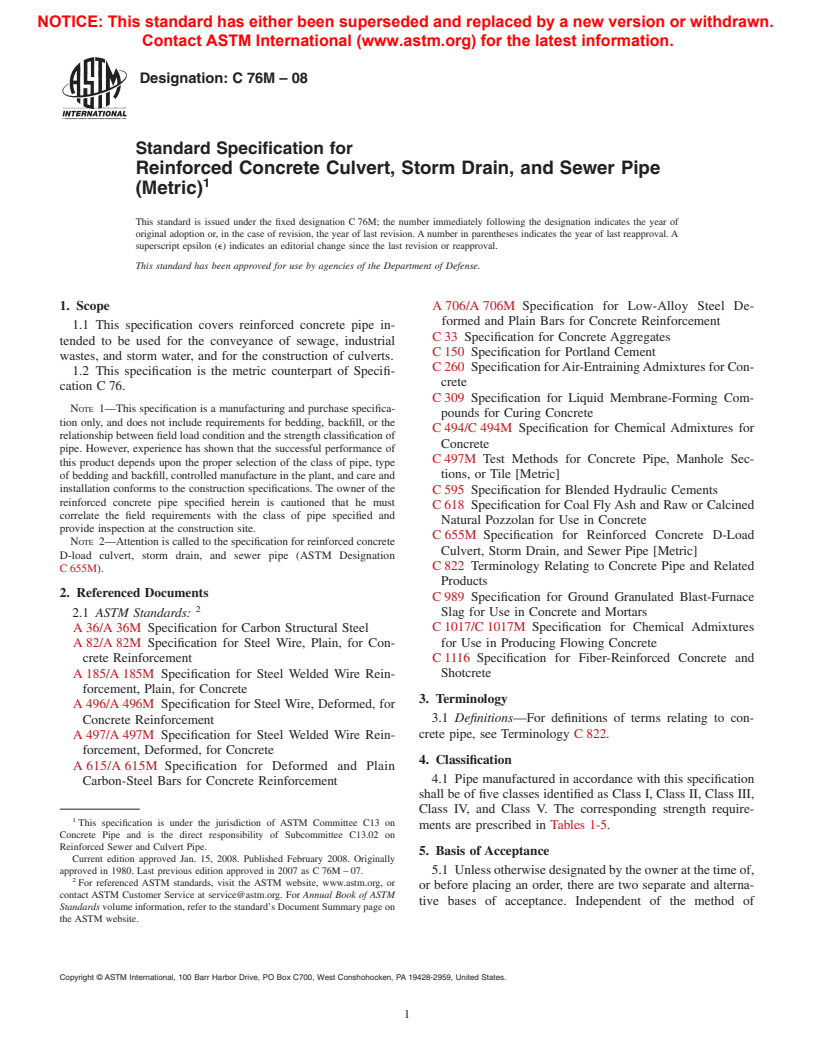 ASTM C76M-08 - Standard Specification for Reinforced Concrete Culvert, Storm Drain, and Sewer Pipe (Metric)