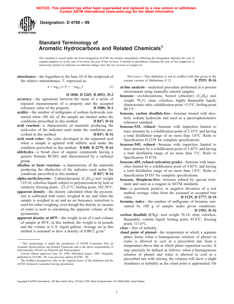 ASTM D4790-99 - Standard Terminology of Aromatic Hydrocarbons and Related Chemicals