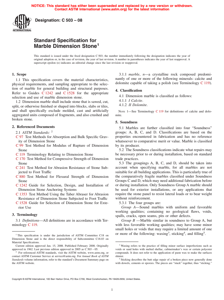 ASTM C503-08 - Standard Specification for Marble Dimension Stone