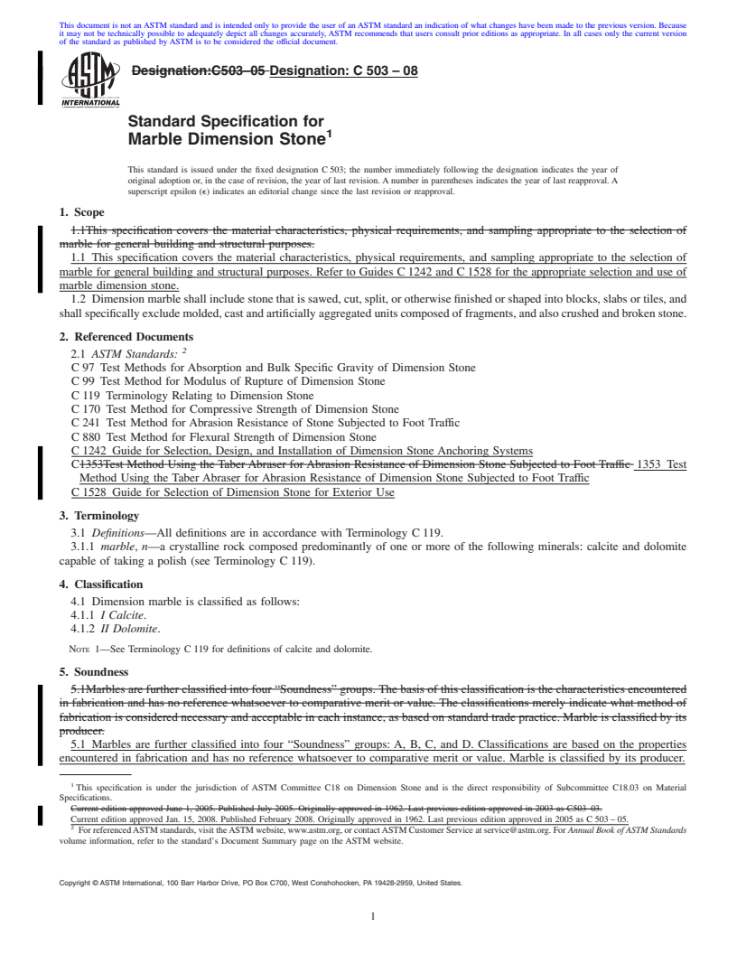 REDLINE ASTM C503-08 - Standard Specification for Marble Dimension Stone