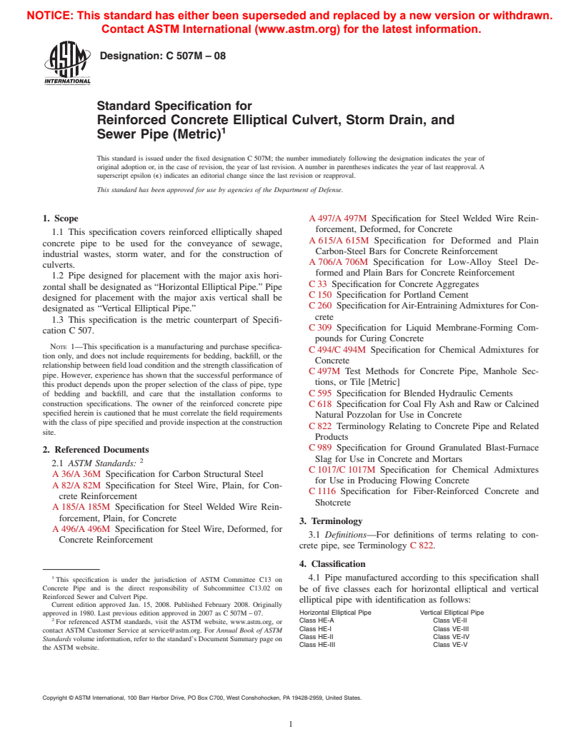 ASTM C507M-08 - Standard Specification for  Reinforced Concrete Elliptical Culvert, Storm Drain, and Sewer Pipe (Metric)