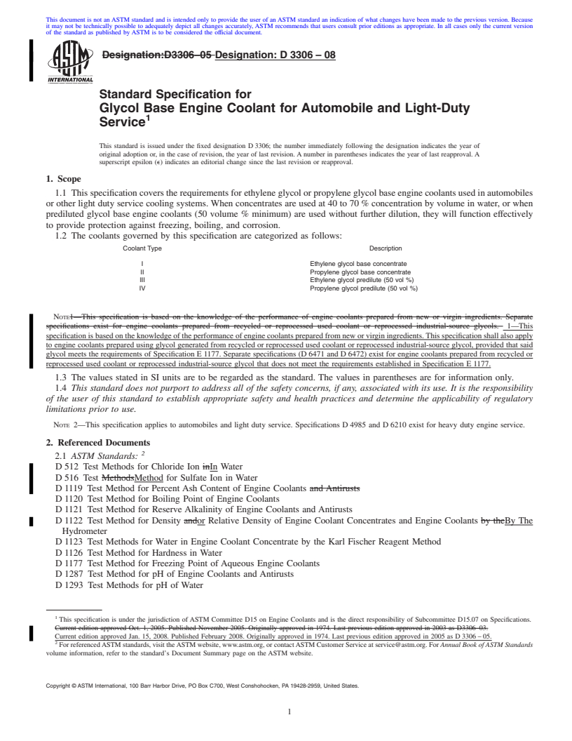 REDLINE ASTM D3306-08 - Standard Specification for Glycol Base Engine Coolant for Automobile and Light-Duty Service