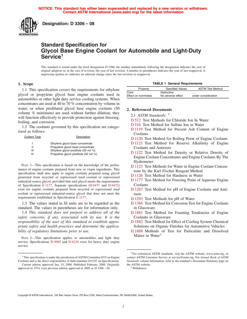 ASTM D3306-08 - Standard Specification for Glycol Base Engine Coolant for Automobile and Light-Duty Service