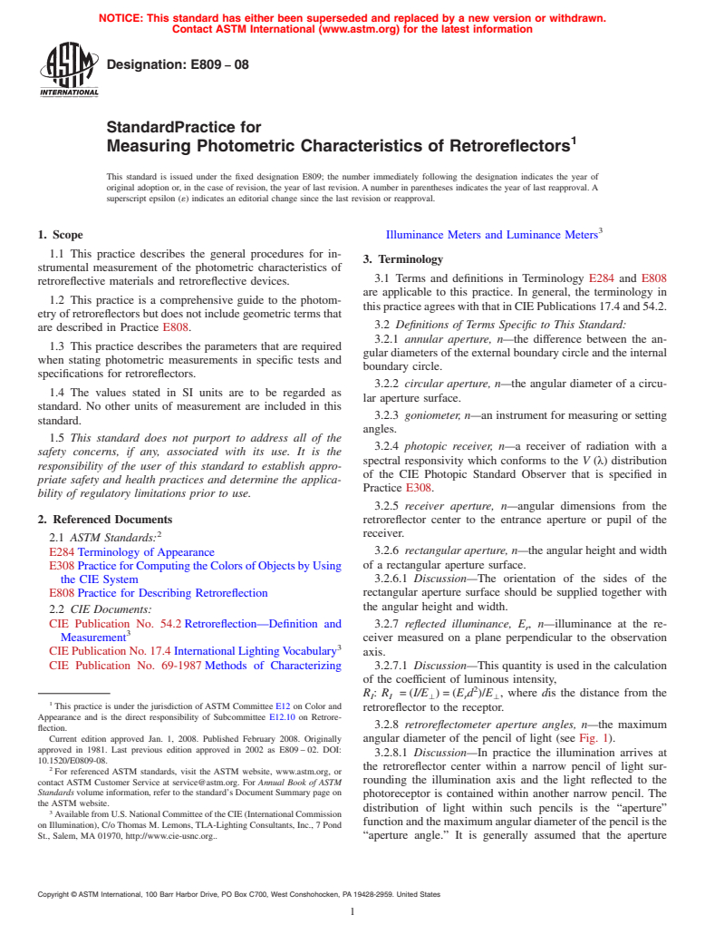 ASTM E809-08 - Standard Practice for Measuring Photometric Characteristics of Retroreflectors