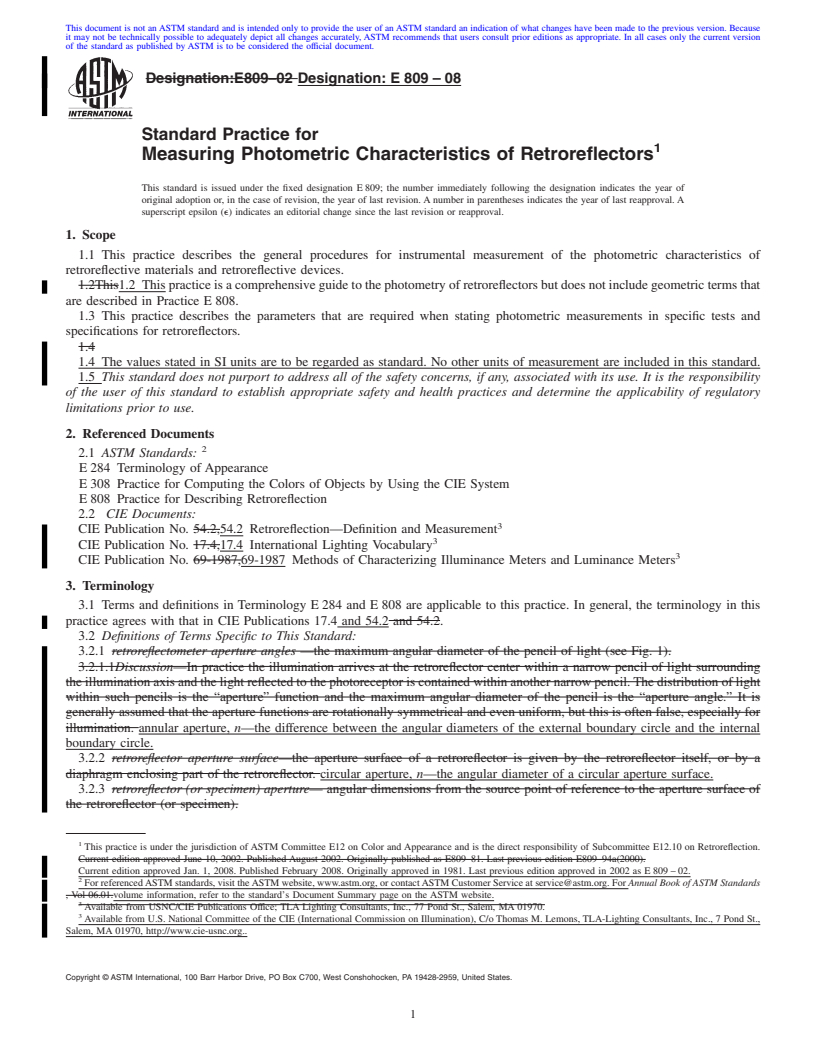 REDLINE ASTM E809-08 - Standard Practice for Measuring Photometric Characteristics of Retroreflectors