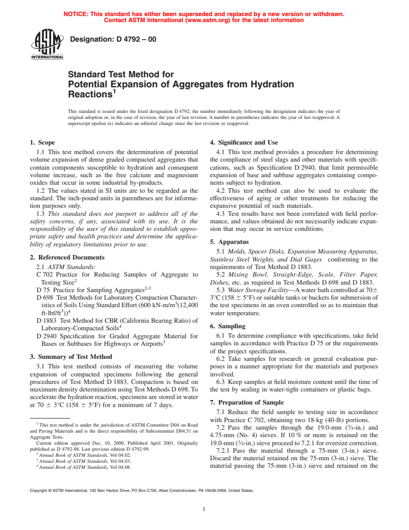 ASTM D4792-00 - Standard Test Method for Potential Expansion of Aggregates from Hydration Reactions