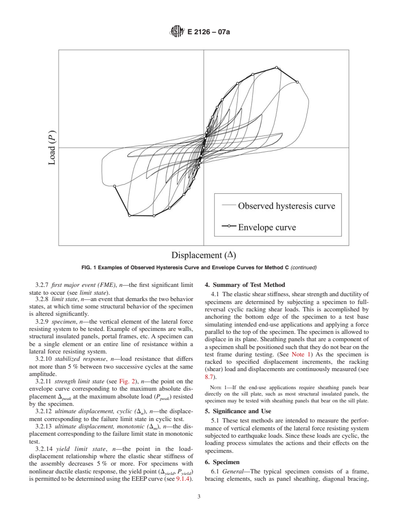 ASTM E2126-07a - Standard Test Methods for Cyclic (Reversed) Load Test for Shear Resistance of Vertical Elements of the Lateral Force Resisting Systems for Buildings