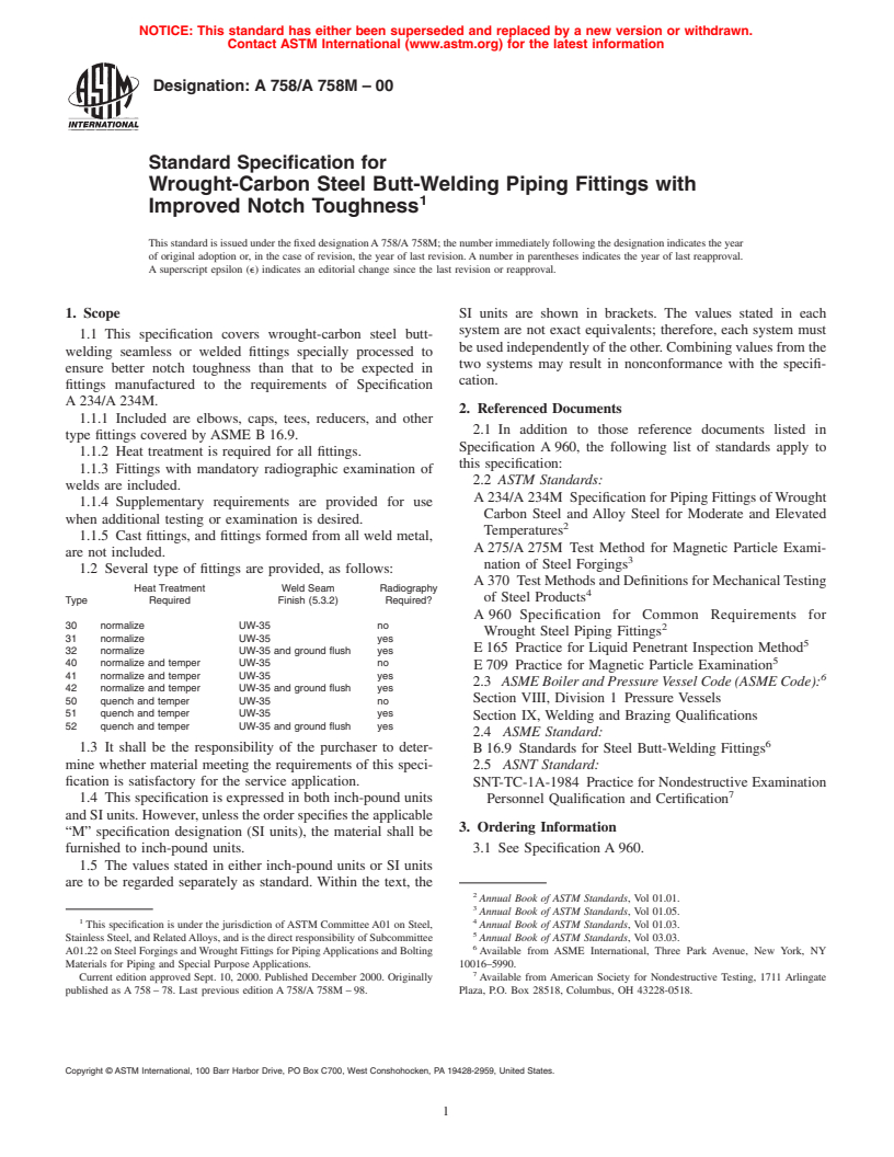 ASTM A758/A758M-00 - Standard Specification for Wrought-Carbon Steel Butt-Welding Piping Fittings with Improved Notch Toughness