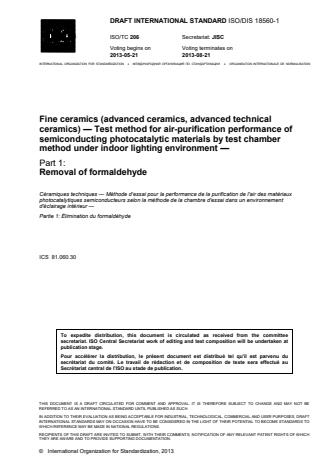 ISO 18560-1:2014 - Fine ceramics (advanced ceramics, advanced technical ceramics) -- Test method for air-purification performance of semiconducting photocatalytic materials by test chamber method under indoor lighting environment