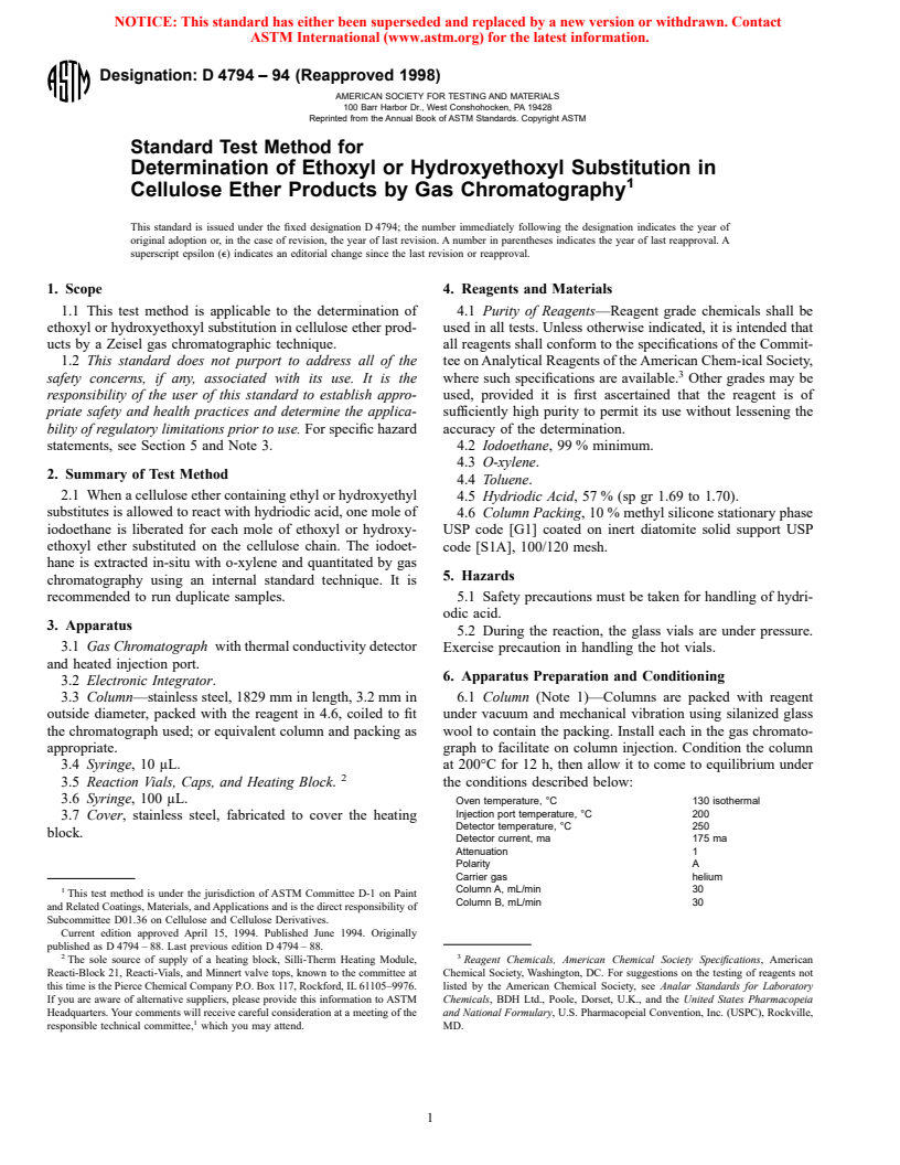 ASTM D4794-94(1998) - Standard Test Method for Determination of Ethoxyl or Hydroxyethoxyl Substitution in Cellulose Ether Products by Gas Chromatography