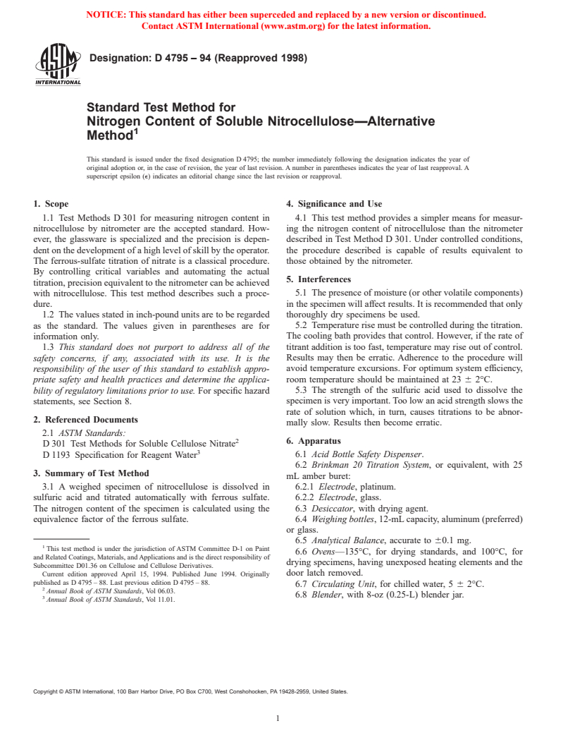 ASTM D4795-94(1998) - Standard Test Method for Nitrogen Content of Soluble Nitrocellulose-Alternative Method