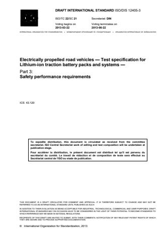 ISO 12405-3:2014 - Electrically propelled road vehicles -- Test specification for lithium-ion traction battery packs and systems