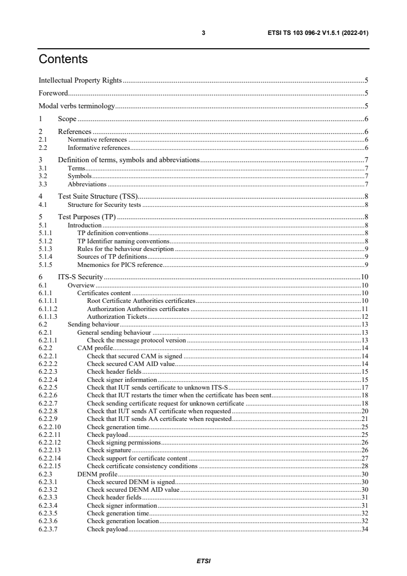 ETSI TS 103 096-2 V1.5.1 (2022-01) - Intelligent Transport Systems (ITS); Testing; Conformance test specifications for ITS Security; Part 2: Test Suite Structure and Test Purposes (TSS & TP)