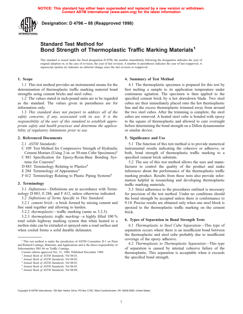 ASTM D4796-88(1998) - Standard Test Method for Bond Strength of Thermoplastic Traffic Marking Materials