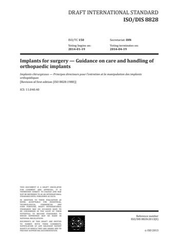 ISO 8828:2014 - Implants for surgery -- Guidance on care and handling of orthopaedic implants