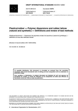 ISO 12000:2014 - Plastics/rubber -- Polymer dispersions and rubber latices (natural and synthetic) -- Definitions and review of test methods