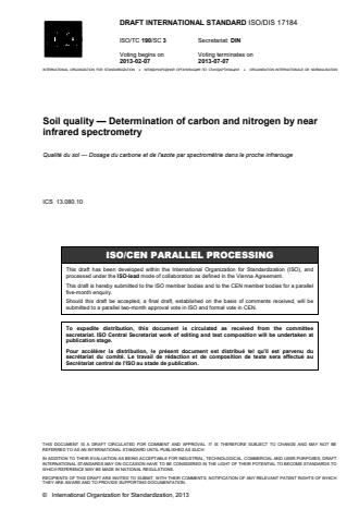 ISO 17184:2014 - Soil quality -- Determination of carbon and nitrogen by near-infrared spectrometry (NIRS)