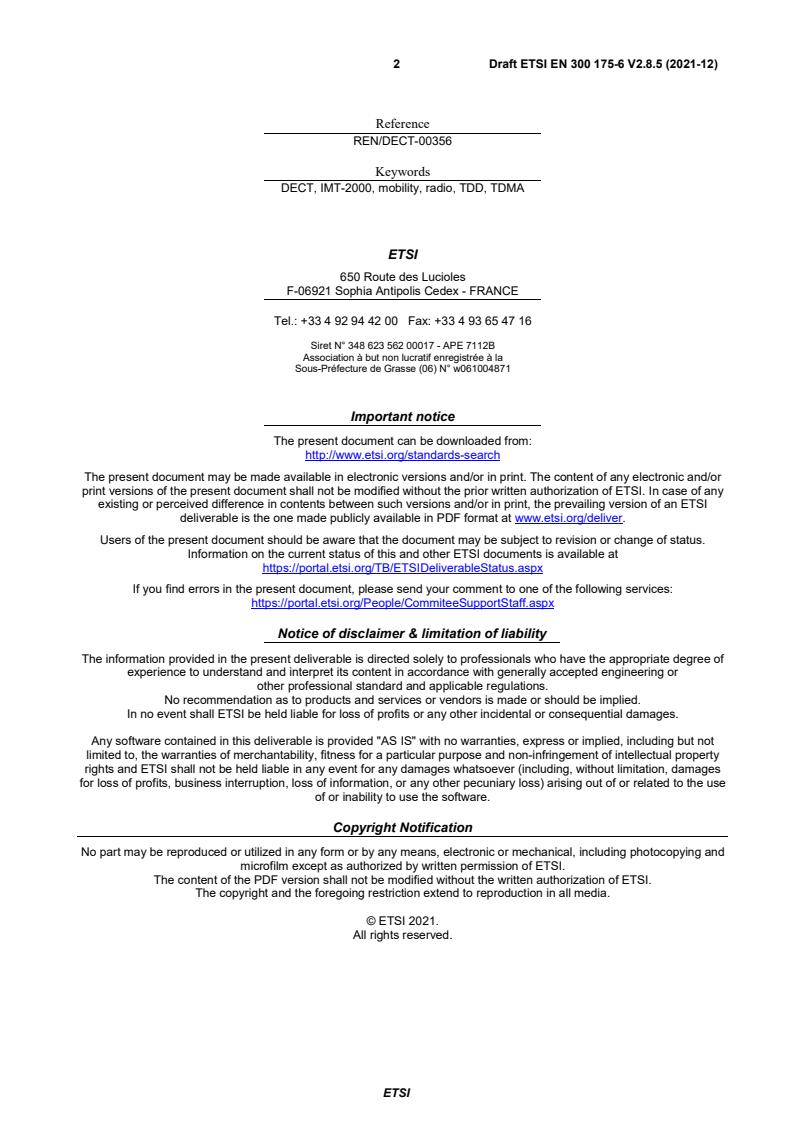 SIST EN 300 175-6 V2.9.1:2022 ETSI EN 300 175-6 V2.8.5 (2021-12) - Digital Enhanced Cordless Telecommunications (DECT); Common Interface (CI); Part 6: Identities and addressing - Page 2 preview