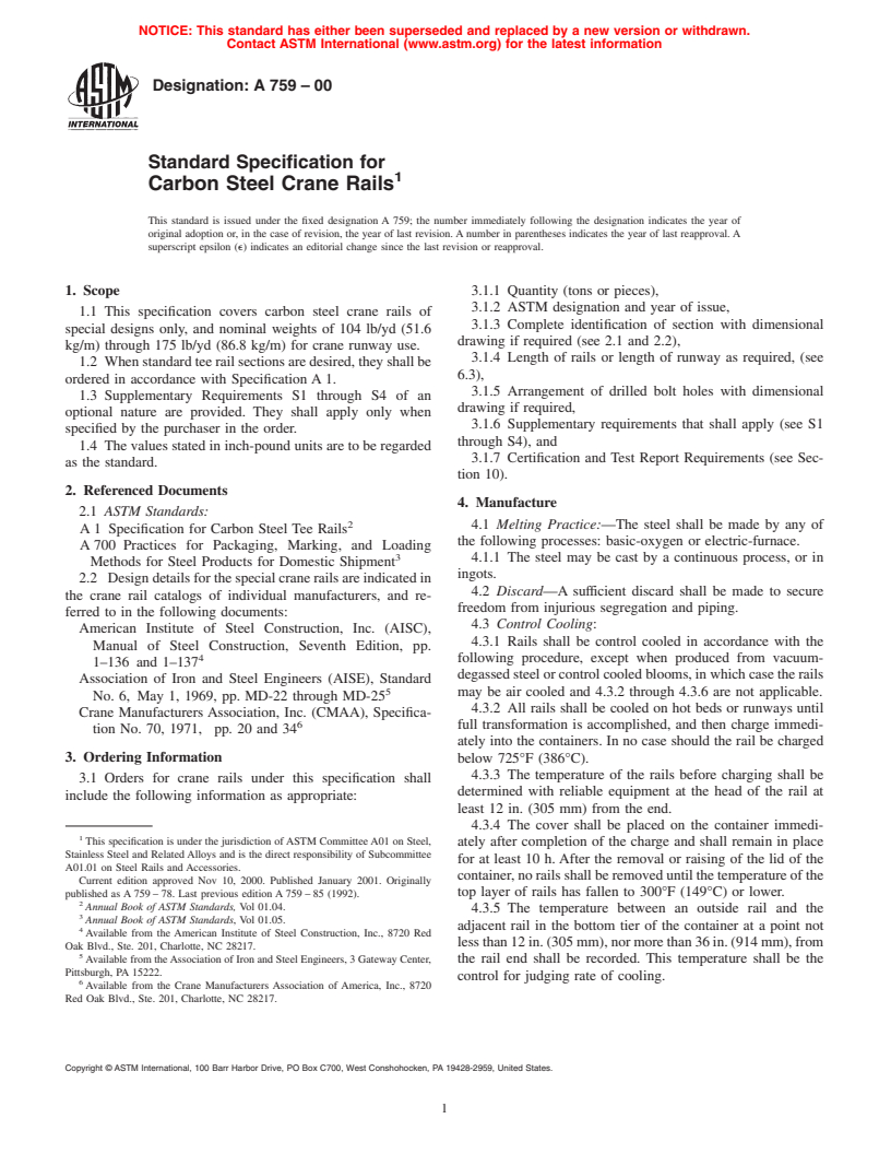 ASTM A759-00 - Standard Specification for Carbon Steel Crane Rails