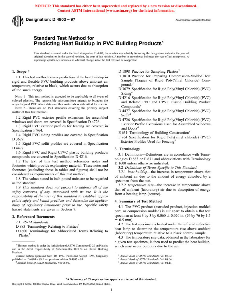 ASTM D4803-97 - Standard Test Method for Predicting Heat Buildup in PVC Building Products