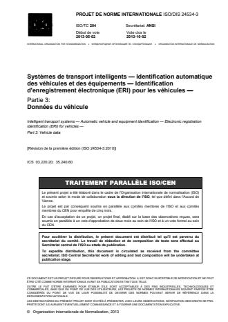 ISO 24534-3:2016 - Systemes de transport intelligents -- Identification automatique des véhicules et des équipements -- Identification d'enregistrement électronique (ERI) pour les véhicules