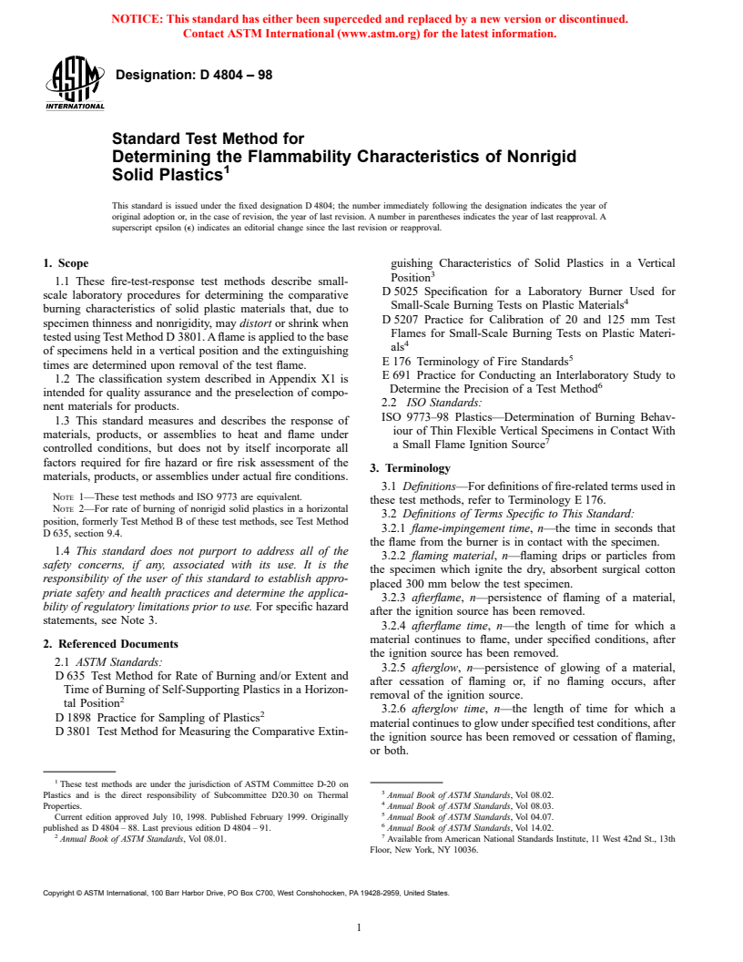 ASTM D4804-98 - Standard Test Methods for Determining the Flammability Characteristics of Nonrigid Solid Plastics