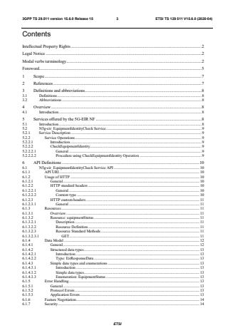ETSI TS 129 511 V15.6.0 (2020-04) ETSI TS 129 511 V15.6.0 (2020-04) - 5G; 5G System; Equipment Identity Register Services; Stage 3 (3GPP TS 29.511 version 15.6.0 Release 15) - Page 4 preview